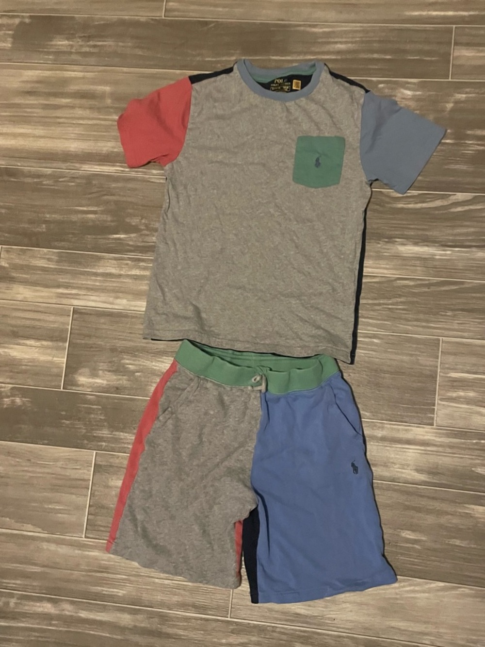 Ralph Lauren Colorblock Tee & Shorts Set - Gray, Blue, Red, Green